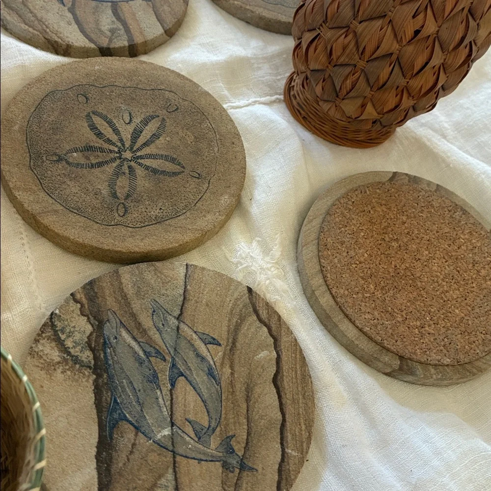 Collection of Beachy accents Coasters W/ Cork Backings Woven Porcelain Vase Set